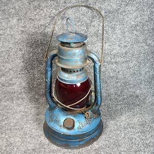 Vintage Dietz No. 100 Blue Kerosene Oil Lantern Red Globe CITY OF L.A. NY USA